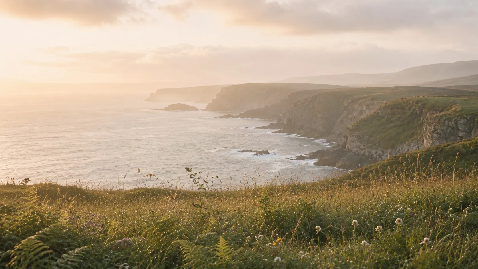 The Wicklow coast at sunset, cliffs above a bay