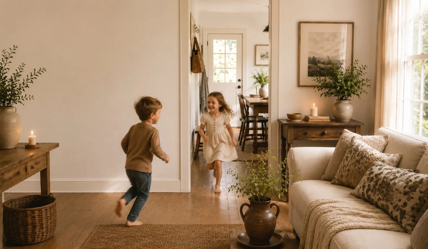 Two young children running through a bright sitting room towards a dining table