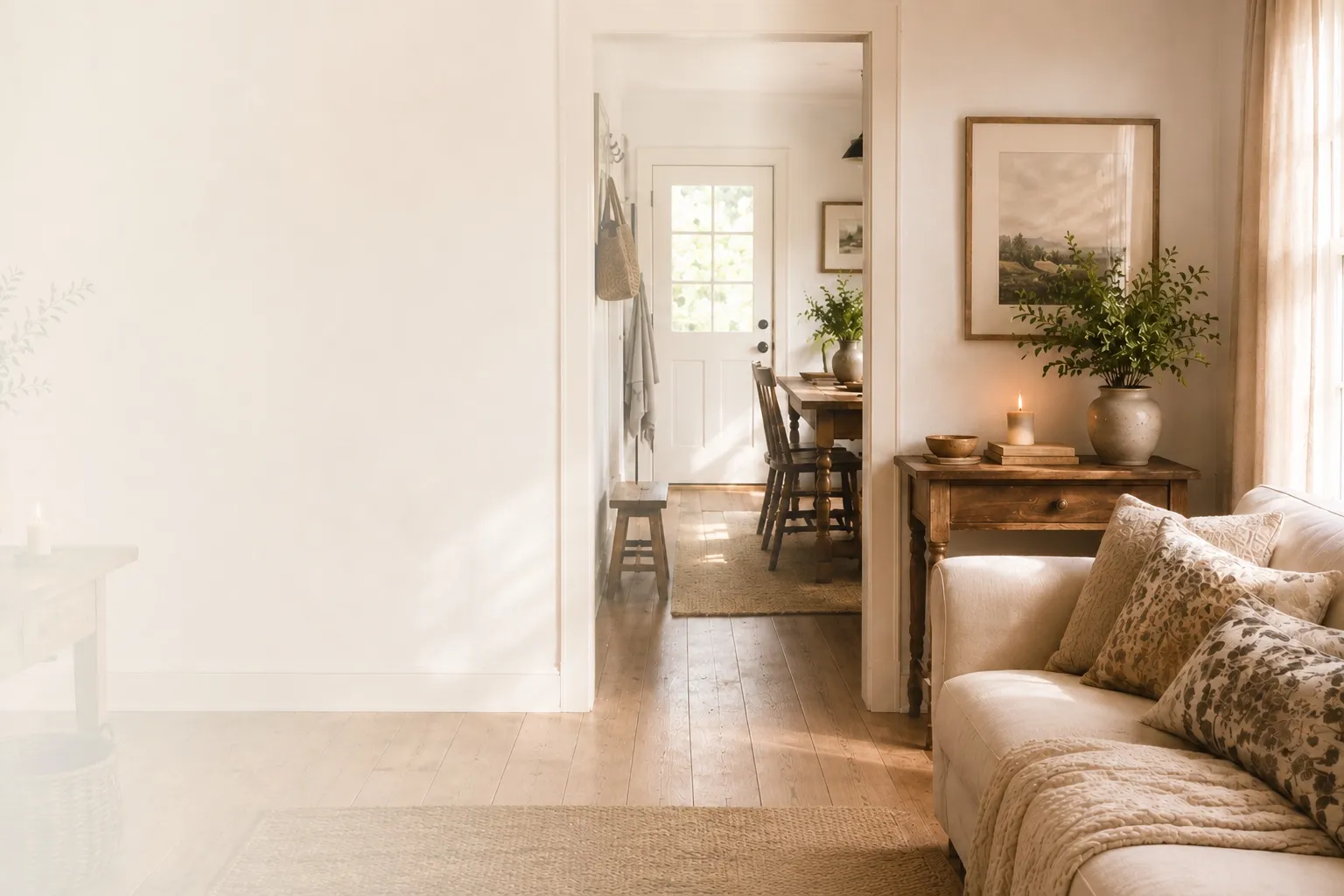 A sunlit sitting room with a linen sofa and plants, opening through a doorway onto a dining room
