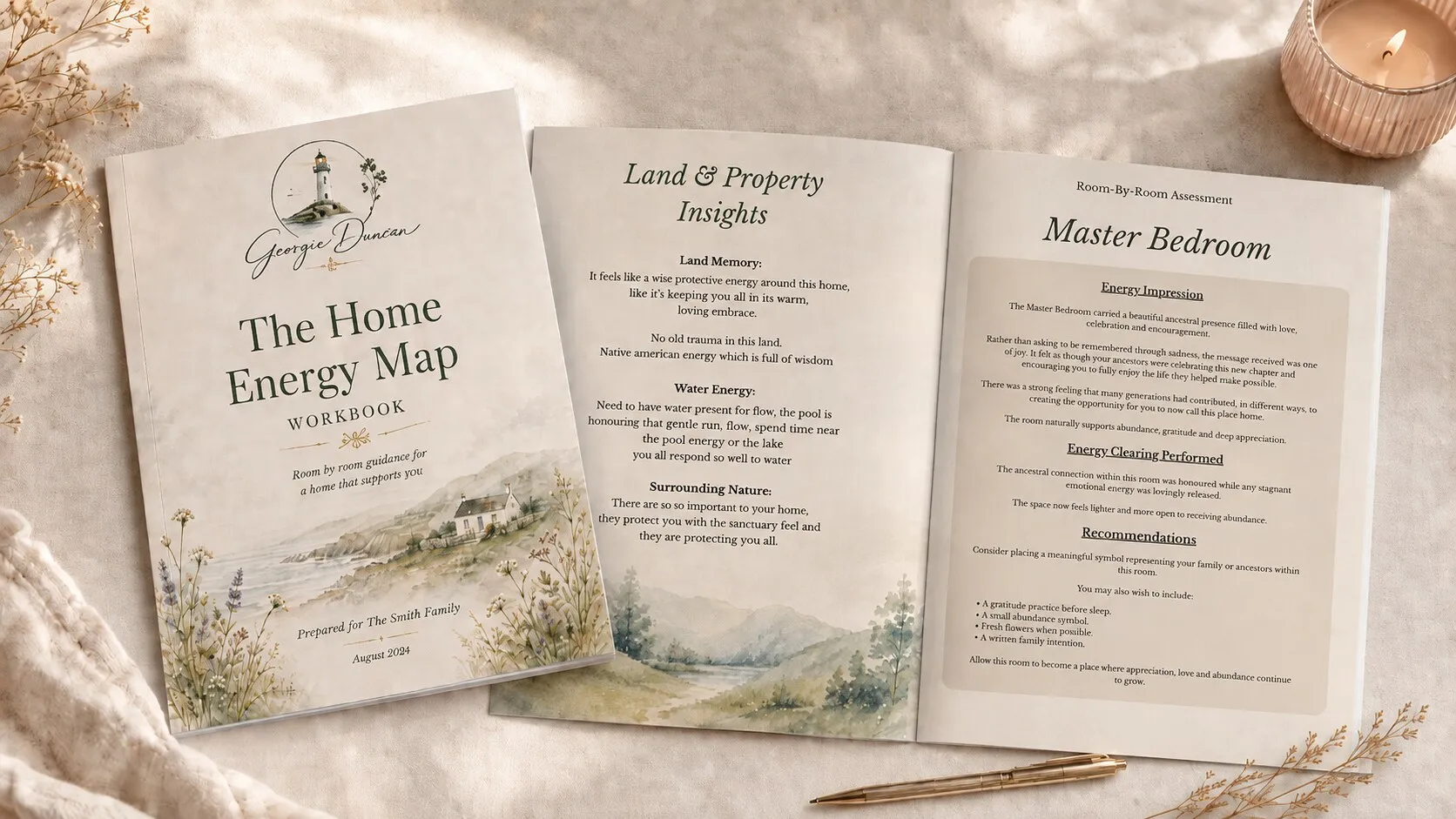 The Home Energy Map workbook lying open beside a pen, showing a land and property insights page and a room-by-room assessment